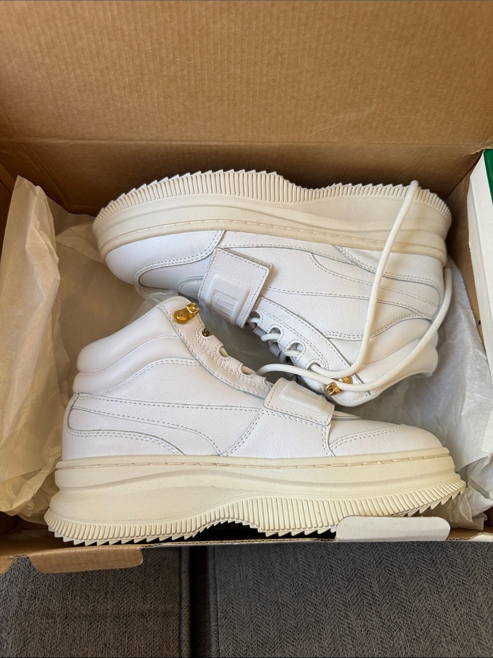 Puma Kids White High-Top Sneakers with Gold Eyelets